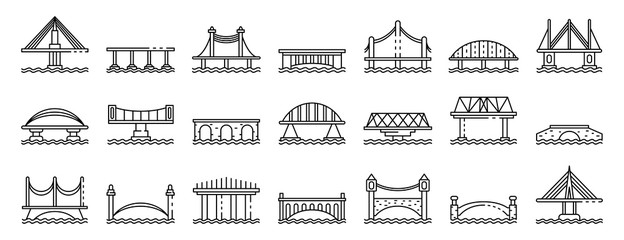 Bridges icons set. Outline set of bridges vector icons for web design isolated on white background