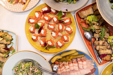 Festive table with bright snacks