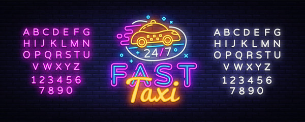 Fast Taxi neon sign vector. Taxi Service Design template neon sign, light banner, neon signboard, nightly bright advertising, light inscription. Vector illustration. Editing text neon sign