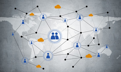 Lines and dots as networking idea drawn on cement background