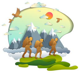 Obraz na płótnie Canvas Young active family hiking to nature with mountain range, father, mother and son. Vector illustration of beautiful summer scenic landscape, birds in the sky, holidays.
