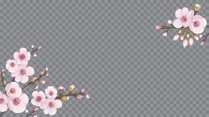Festive frame horizontal of sakura flowers. Design element for fabric, invitations, packaging, cards. Rose on transparent fond. Handmade background in the Japanese style.