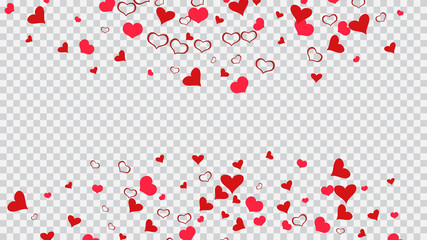 The idea of wallpaper design, textiles, packaging, printing, holiday invitation for birthday. Red on Transparent fond Vector. Red hearts of confetti are flying. Festive background.