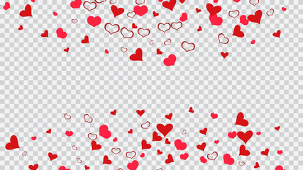 The idea of wallpaper design, textiles, packaging, printing, holiday invitation for birthday. Red on Transparent fond Vector. Red hearts of confetti are flying. Festive background.
