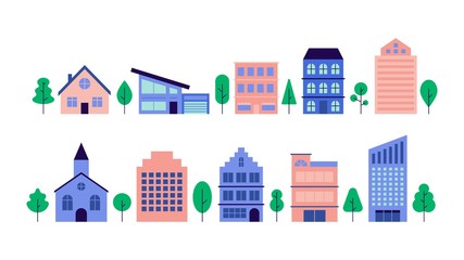 Obraz premium Minimal flat cityscape. Geometric landscape with townhouse, city buildings and green environment. Vector city street set banner