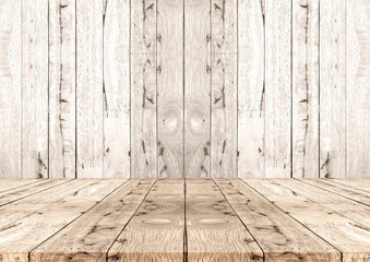 Empty vintage old brown wood Shelf Table with wooden wall. background is for backdrop design. for montage of your product