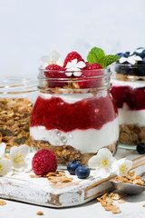desserts with muesli, berry and fruit puree in jars on white table, vertical closeup