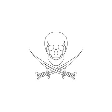 Black skull with crossed sabers. flat vector icon
