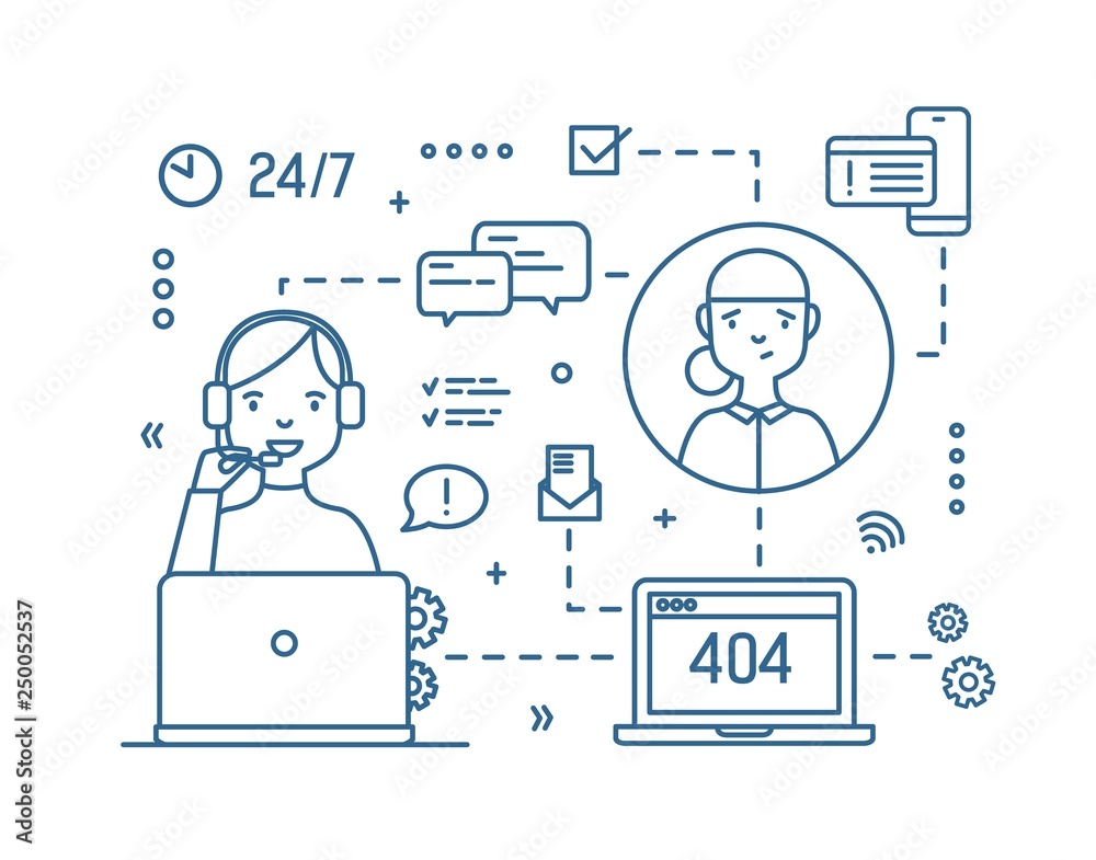 Poster female consultant wearing headphones with microphone answering clients' questions drawn with outline