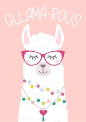 Cute llama illustration with doodles and lettering inscription "Gllama-rous". Inspirational and motivational card with alpaca. Vector illustration © mitoria