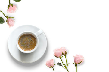 Composition with a cup of coffee and roses on a white background. Morning mood. Flat lay, top view,...