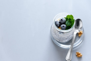 Chia seed pudding with granola, blueberry, walnut and honey decorated mint leaves on gray background. Selective focus. Healthy eating or vegetarian food concept