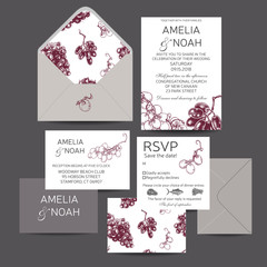 Save the date card with grape. Vector sketch template wedding invitation.