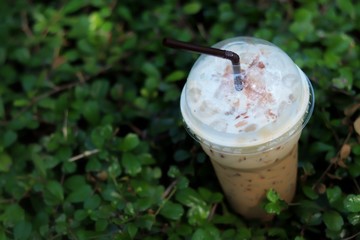 Iced coffee in plastic glasses on grass in the park with blurred nature   background