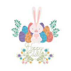 happy easter label with egg and flowers icon