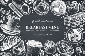 Breakfast menu design. Hand drawn coffee and pastries illustrations. Fast food sketches in engraved style.  Vector template for cafe or bakery design. Vintage hot drinks and desserts background.