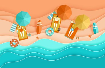 Beach background sea waves sand sunbathing people umbrella papercut paper craft