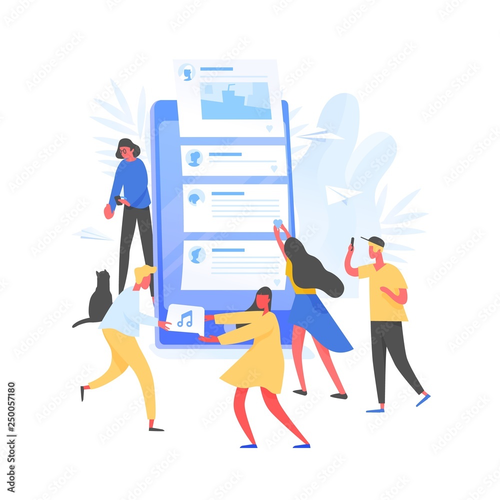 Poster group of young men and women and giant smartphone with posts on screen. concept of internet content 