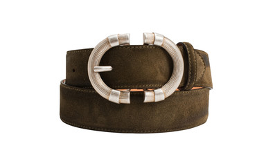 Brown suede leather belt with big buckle on white background
