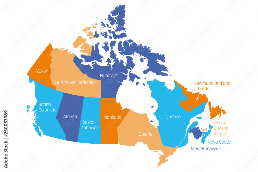 Poster map of canada divided into 10 provinces and 3 territories. administrative regions of canada. multico - Posters