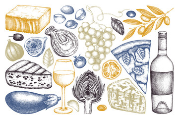 Mediterranean food and drinks sketches. Hand drawn restaurant illustrations. Vintage cheese, fruits, vegetables, wine drawings. Dairy products collection on white background.