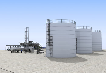 oil refinery, chemical production, waste processing plant, exterior visualization, 3D illustration
