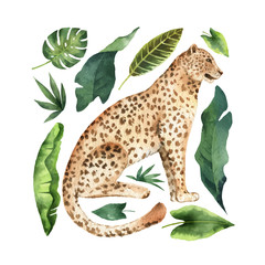 Watercolor vector card with leopard and green tropical leaves isolated on white background. © ElenaMedvedeva