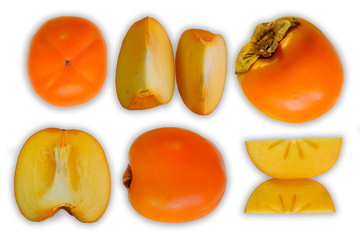 persimmon fruit from different sides, in section, sliced