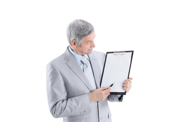 Mature businessman pointing at blank sheet.isolated on a white