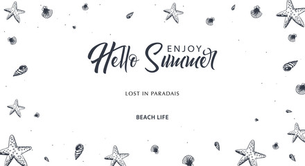 Summer Beach background. Sea Holiday. Linear graphic. Engraved top view illustration. Wave, surfboard, seashells, starfish. Top view. Vector Illustration.
