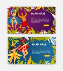 Mardi Gras web banner templates with women dancers wearing carnival costumes and man playing on drums. Festive vector illustration for parade, masquerade ball, festival, party or event announcement.