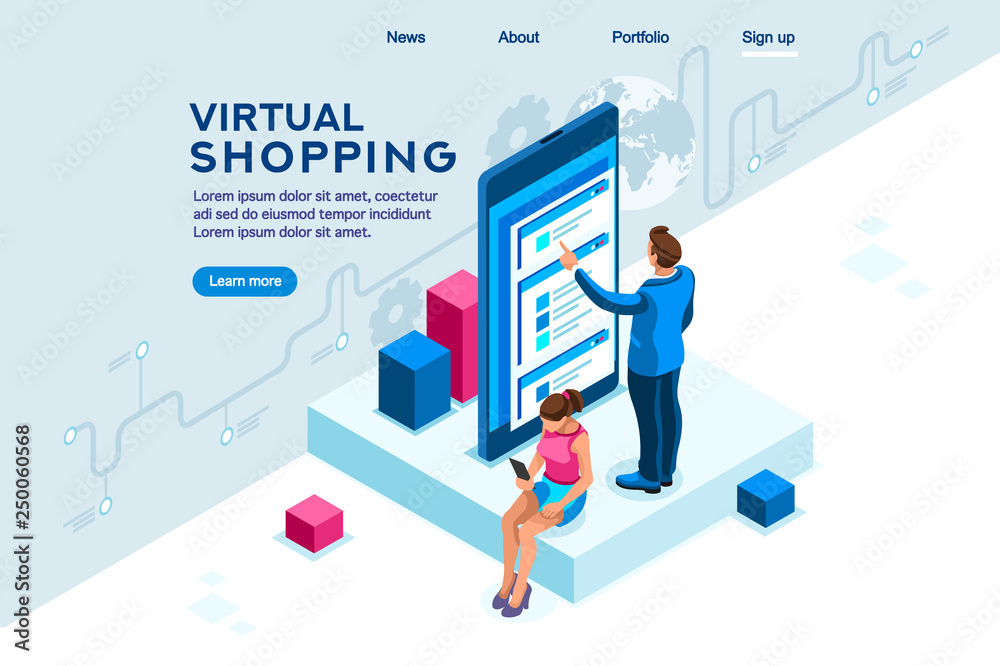 Wall mural virtual shopping. software data interaction. modern people interacting. infographic, database graphs