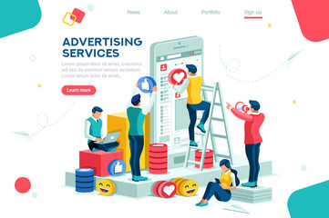 Services, large media network tool. Internet promotion, advertising, modern advertisement. Audience on phone as horizontal electronic place, plane with a small cup. Flat isometric Vector illustration.