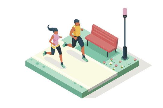 Marathon race event. Fitness sneakers. Training on the road. Run sprint, health dynamics people sprint. Jogging fast group. Images, web banner, flat isometric illustration isolated on white background