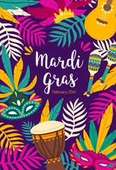 Mardi Gras flyer, poster or party invitation template decorated by exotic palm leaves, guitar, maracas and masks. Flat vector illustration for holiday celebration, masquerade or carnival announcement.