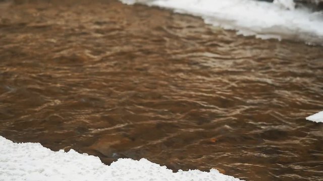 Thawed patch on frozen river. Frozen ice river is melting in spring with ice flakes flowing. Cracked ice floating on the river in spring time. Global warming