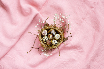 Small nest with quail eggs decorated with branches and flowers