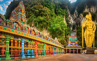 Colorful stairs of Batu caves, Malaysia. Panorama - obrazy, fototapety, plakaty
