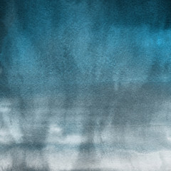 Colorful winter blue ink and watercolor textures on white paper background. Paint leaks and ombre effects. Hand painted abstract image. Deep sea.