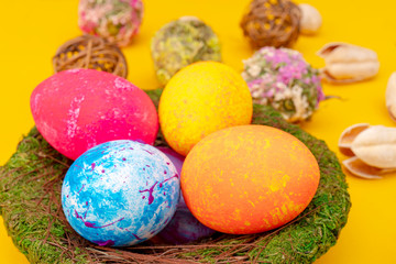 Fototapeta na wymiar Colorful handmade easter eggs. Festive tradition.