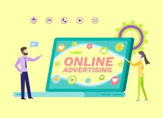 Advertisement online in internet vector. People dealing with promotion and digital marketing, chatting icon and likes from social media, announcement