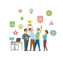 People celebrating success of team vector, teamwork workers. Boss and employees holding trophy, award for achievements in business, victory winners