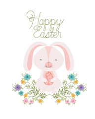 happy easter label with egg and flowers icon