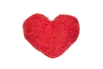 Red wool felted toy heart isolated on white background
