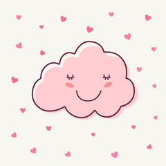 Cute pink love cloud cartoon with hearts