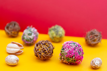 Decorative elements and flowers on a yellow background.