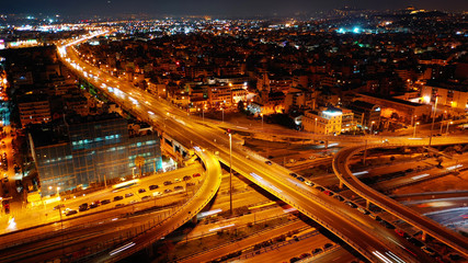 Aerial drone photo of famous illuminated football stadium of Karaiskaki in the heart of Piraeus, Attica, Greece