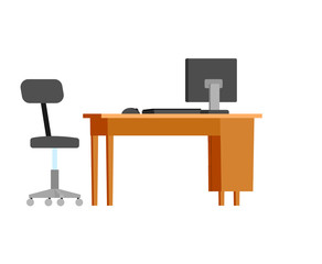 Workplace of office workers, furniture isolated icon vector. Table made of wood, armchair of boss, desk with personal computer on top, modern devices