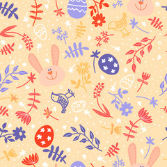 Seamless easter rabbit and eggs. Background with Easter bunnies and eggs.