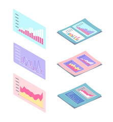 Visualized information on paper documents and screens vector. Infographics and info charts with results of business project, flowcharts with numeric data